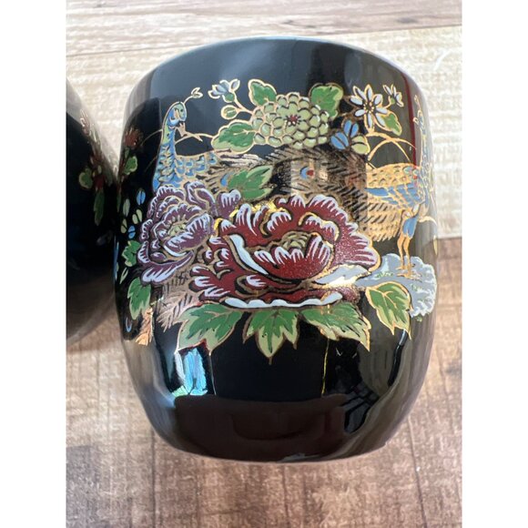 Set Of 3 D.L Japan Black Ceramic Teacups With Hand-Painted Floral & Peacock Desi - Picture 4 of 5